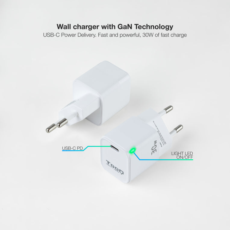 TooQ Cargador de Pared GAN USB-C/PD 30W. Blanco