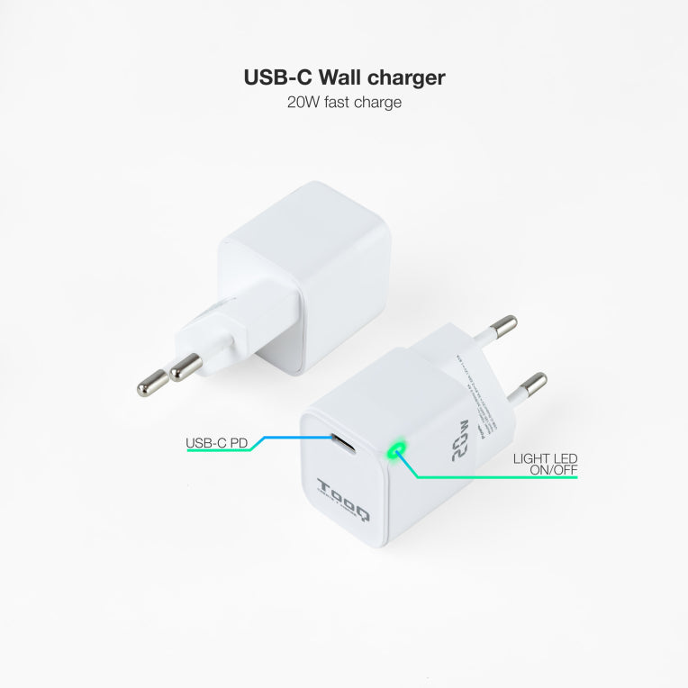 TooQ Cargador de Pared USB-C PD20W. Blanco