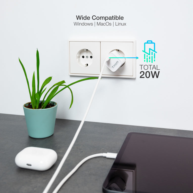 TooQ Cargador de Pared USB-C PD20W. Blanco