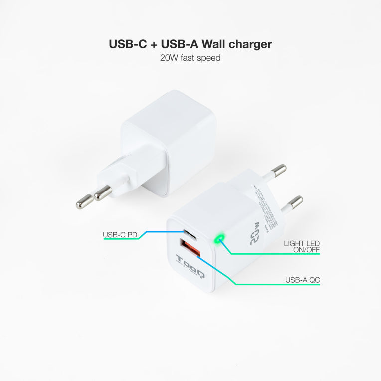TooQ Carregador de Paret USB-C/PD + USB-A/QC 20W. Blanc