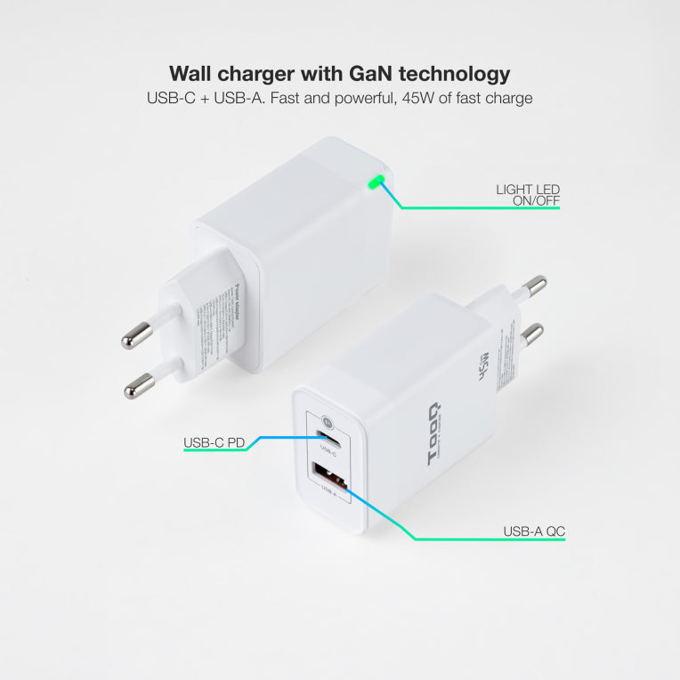 TooQ Cargador de Pared GaN USB-C/PD + USB-A/QC 45W. Blanco
