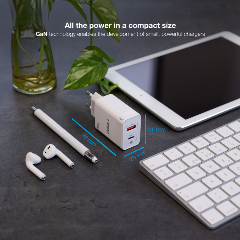 TooQ Cargador de Pared GaN USB-C/PD + USB-A/QC 45W. Blanco