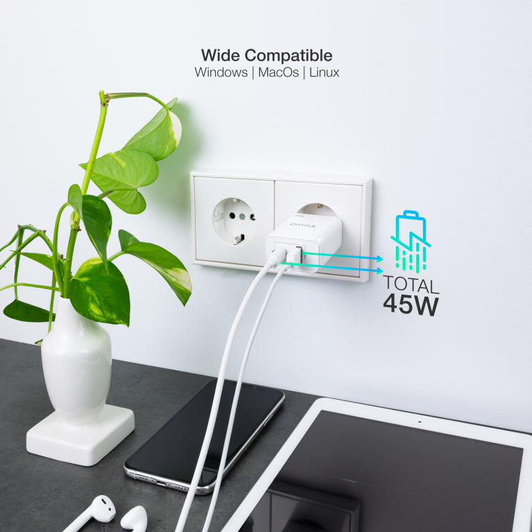 TooQ Cargador de Pared GaN USB-C/PD + USB-A/QC 45W. Blanco