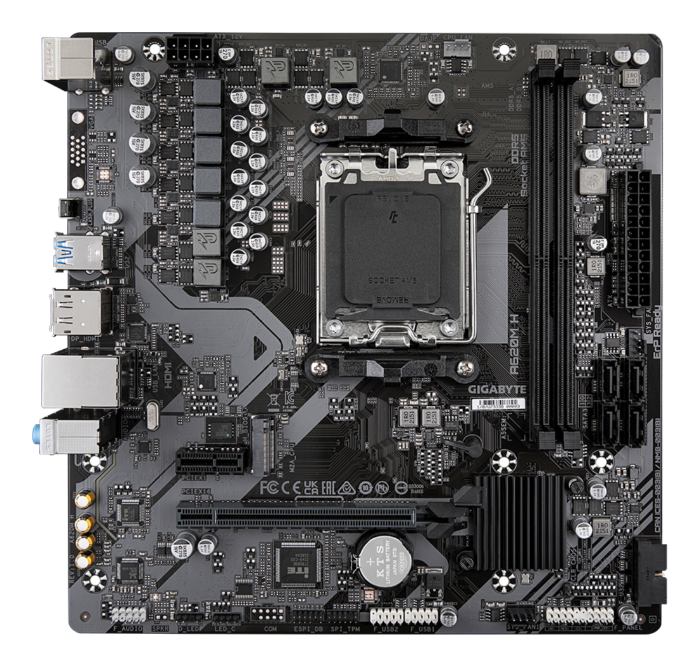 GIGABYTE A620M H Placa base - Soporta CPUs AMD Ryzen 8000. VRM digital de 5+2+2 fases. hasta 7200MHz DDR5 (OC). 1xPCIe 4.0 M.2. LAN GbE. USB 3.2 Gen 1 - detalle