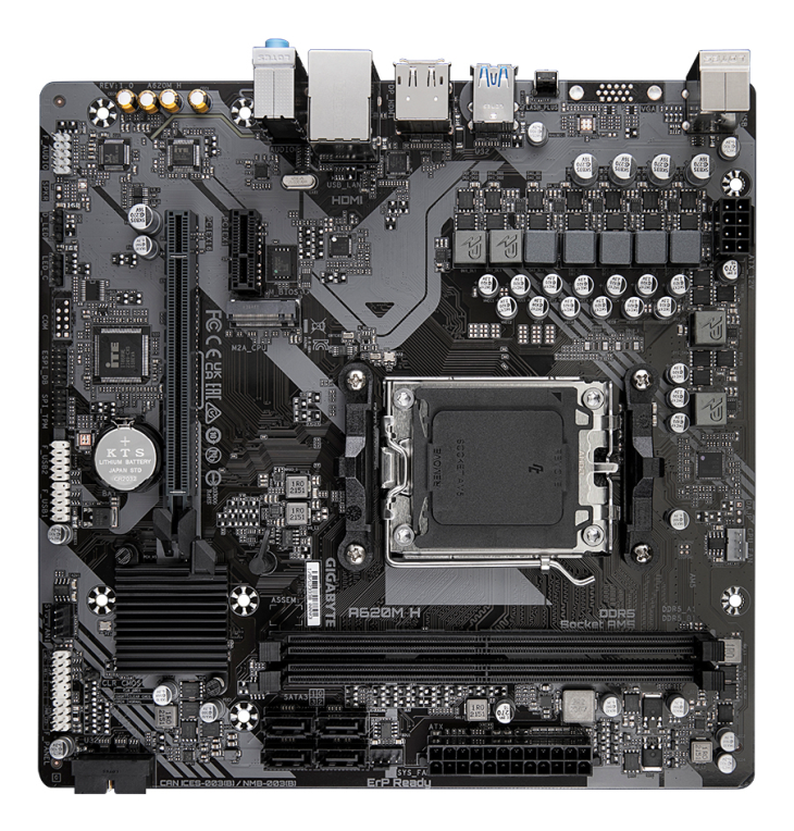 GIGABYTE A620M H Placa base - Soporta CPUs AMD Ryzen 8000. VRM digital de 5+2+2 fases. hasta 7200MHz DDR5 (OC). 1xPCIe 4.0 M.2. LAN GbE. USB 3.2 Gen 1 - detalle