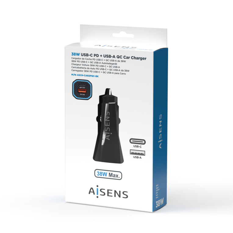 AISENS Cargador de Coche 38W.1XUSB-C PD3.0 20W.1XUSB-A QC3.0 18W. Negro