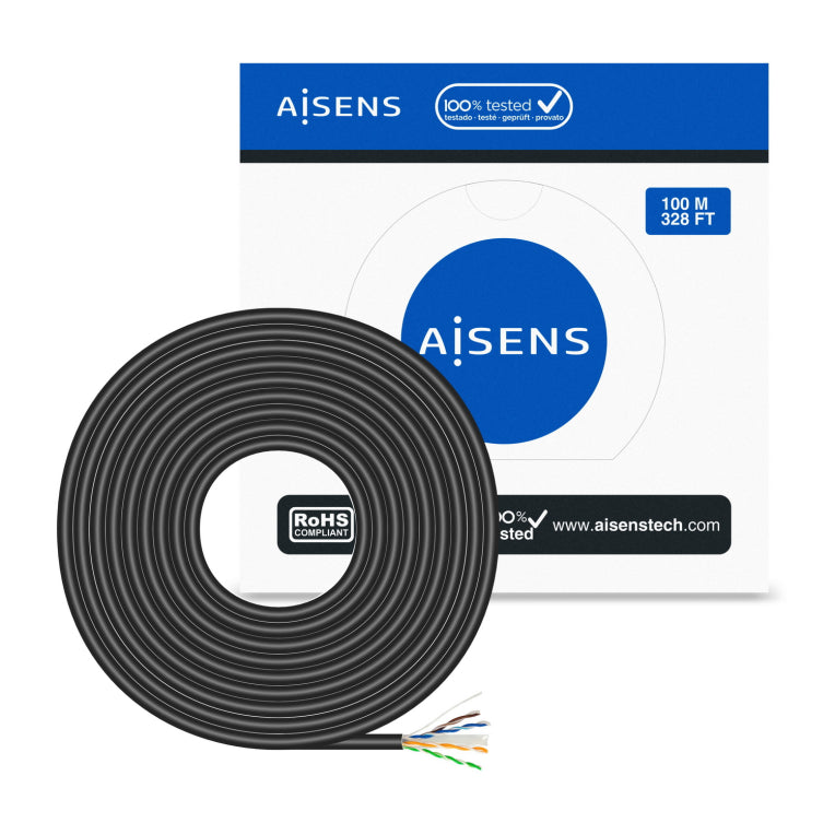 AISENS Cable de Red Exterior Impermeable RJ45 Cat.6 UTP Rígido CCA AWG23. Negro. 100M