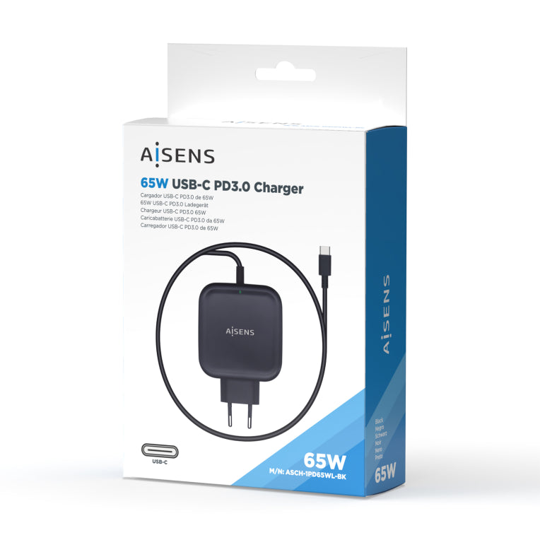 AISENS Cargador 65W PD3.0 QC3.0 1XUSB-C 1.2M. Negro