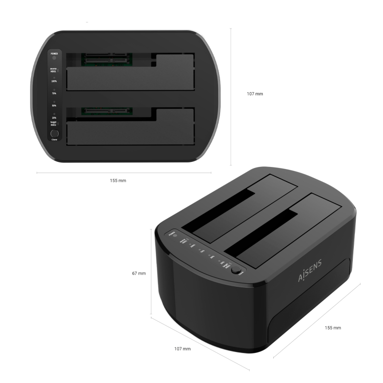 AISENS Estacion de Docking de Doble Bahia ASDS-D03B SATA 2.5/3.5 a USB 3.0/3.1 Gen1. Clone. Negra - detalle