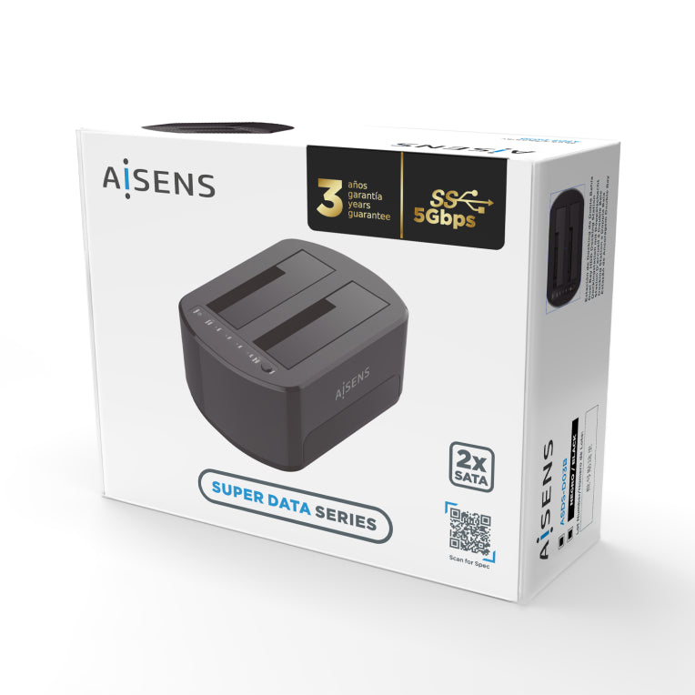 AISENS Estacio de Docking de Doble Bahia ASDS-D03B SATA 2.5/3.5 a USB 3.0/3.1 Gen1. Cloneu. Negra