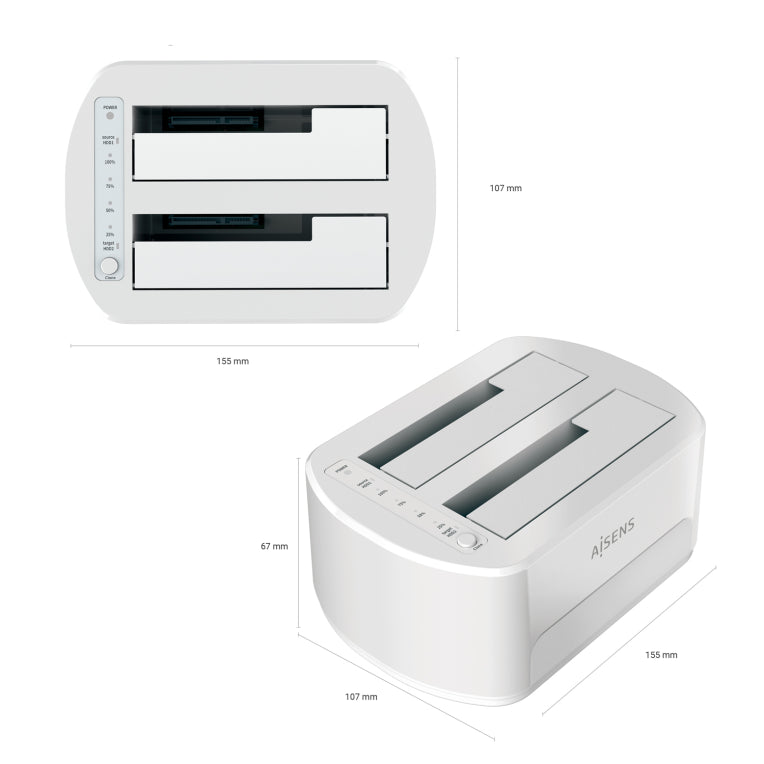 AISENS Estacion de Docking de Doble Bahia ASDS-D02W SATA 2.5/3.5 a USB 3.0/3.1 Gen1. Clone. Blanca