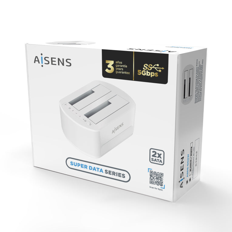 AISENS Estacio de Docking de Doble Bahia ASDS-D02W SATA 2.5/3.5 a USB 3.0/3.1 Gen1. Cloneu. Blanca