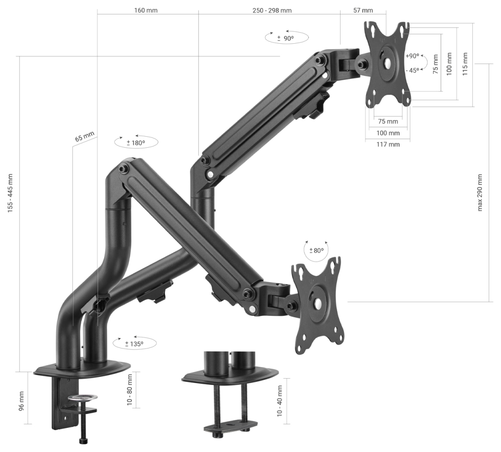 AISENS Soporte de Mesa ECO Contrapeso Giratorio e Inclinable para Monitor/TV 8Kg (3 Pivotes. 2 Brazos) de 17-32. Negro - detalle