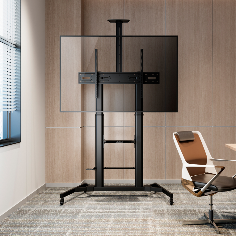 AISENS Soporte de Suelo ECO con Ruedas y Manivela. Bandeja para DVD y Soporte de Cámara para Monitor/TV 100Kg de 60-100. Negro - detalle