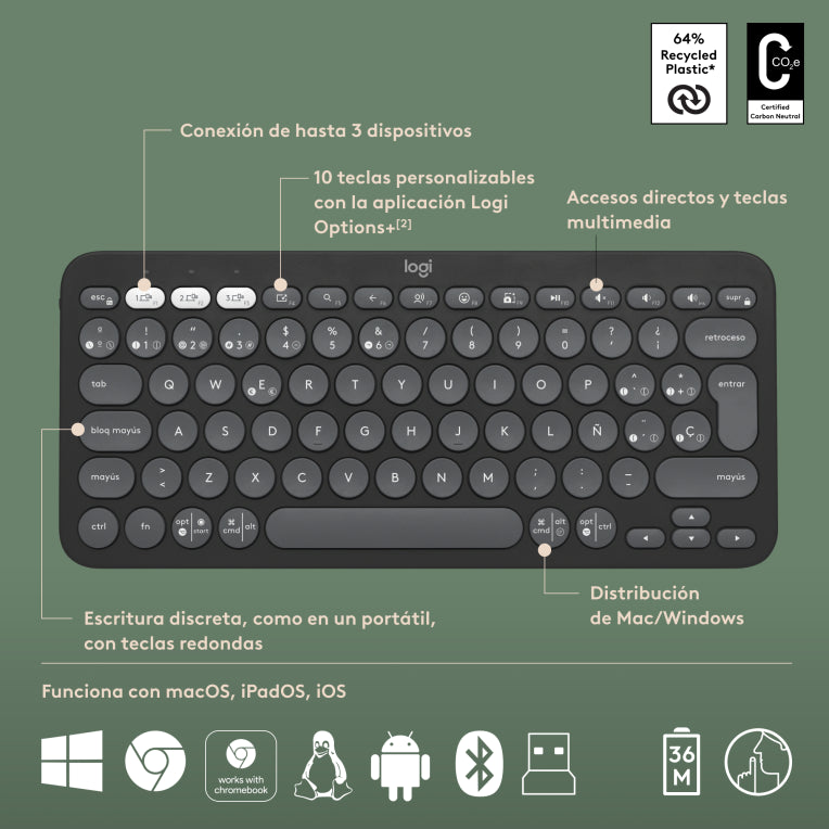 Logitech 920-012227 teclado Ratón incluido Universal RF Wireless + Bluetooth QWERTY Español Grafito