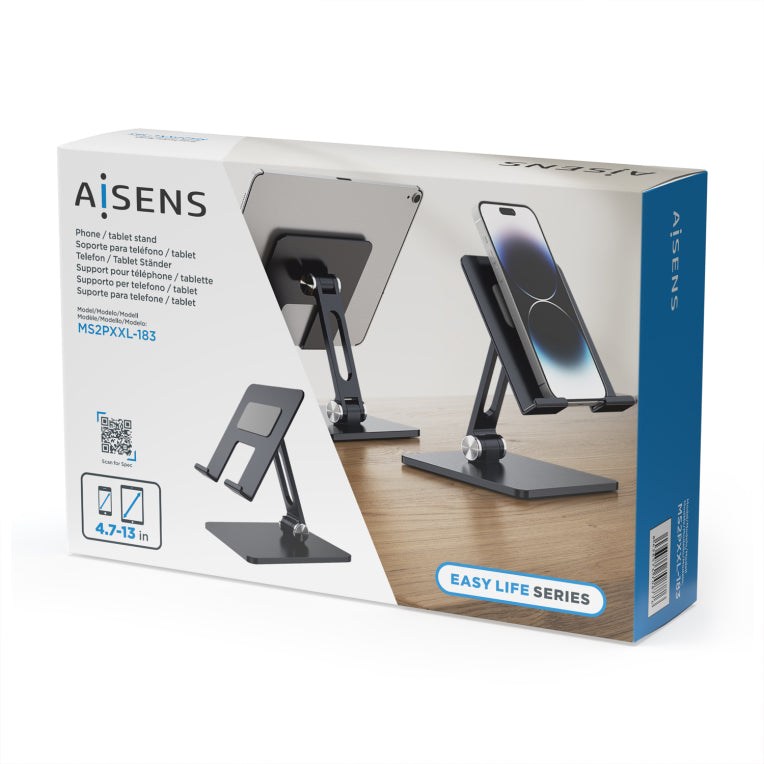 AISENS Soporte de Sobremesa Tamaño XXL Ajustable (2 Pivotes) para Movil / Tablet. Gris