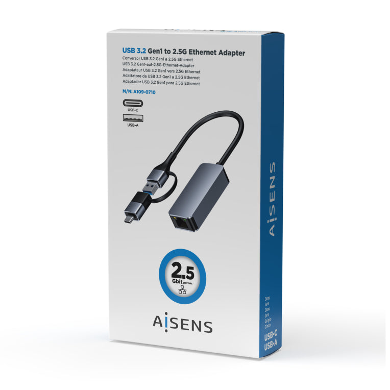 AISENS Conversor USB3.2 Gen1 USB-A+USB-C a Ethernet 2.5G 10/100/1000/2500 Mbps. Gris. 15cm