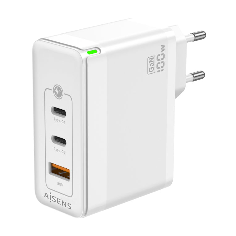 AISENS Cargador Gan 100W. 2xUSB-C PD3.0 QC4.0 QC5.0. 1xUSB-A QC3.0. Blanco