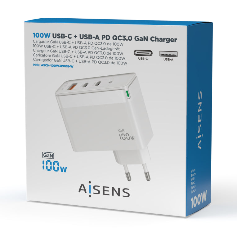 AISENS Cargador Gan 100W. 2xUSB-C PD3.0 QC4.0 QC5.0. 1xUSB-A QC3.0. Blanco