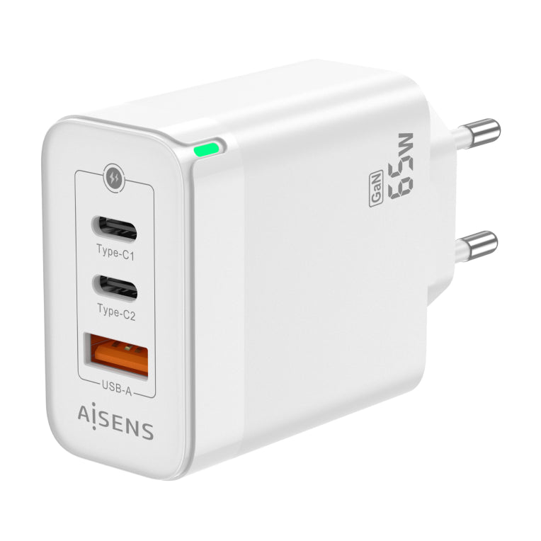 AISENS Cargador Gan 65W. 2xUSB-C PD3.0 QC4.0. 1xUSB-A QC3.0. Blanco