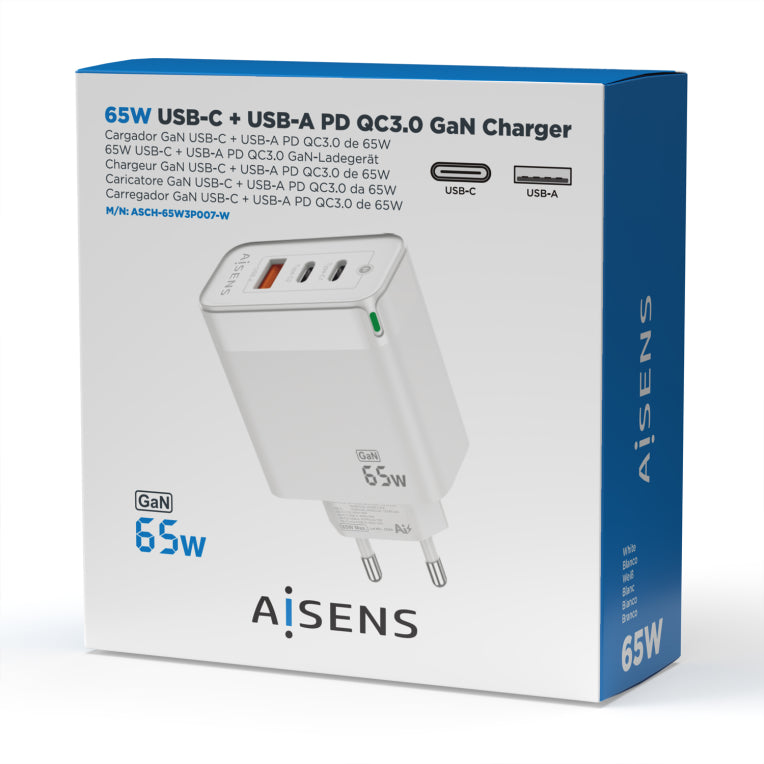 AISENS Cargador Gan 65W. 2xUSB-C PD3.0 QC4.0. 1xUSB-A QC3.0. Blanco