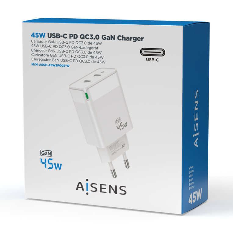 AISENS Cargador Gan 45W. 2xUSB-C PD3.0 QC4.0. Blanco