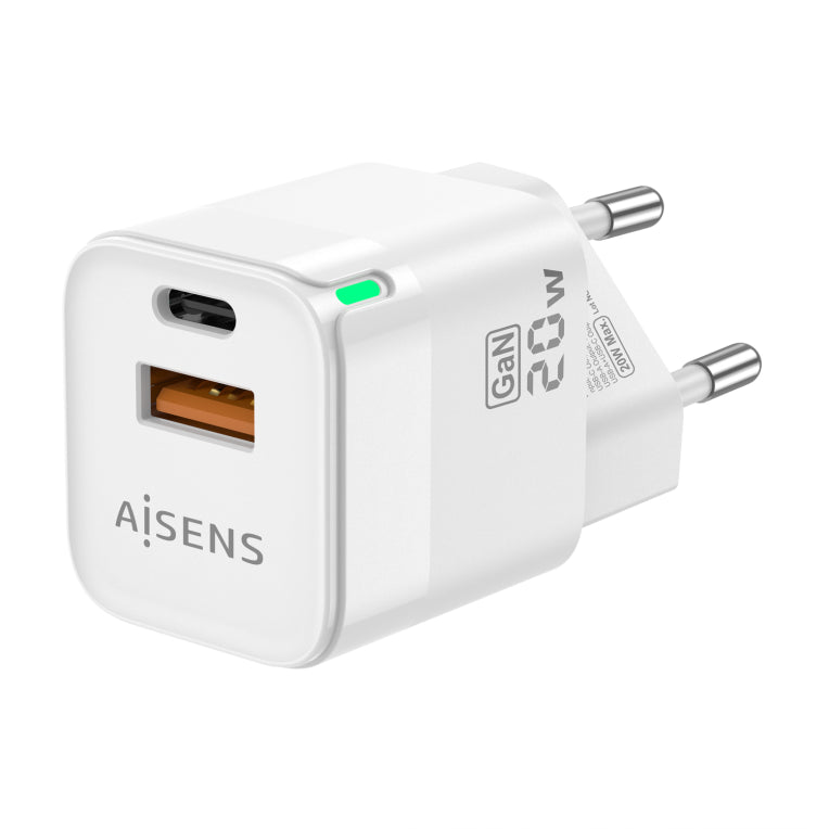 AISENS Cargador Gan 20W. 1xUSB-C PD3.0 QC4.0. 1xUSB-A QC3.0. Blanco