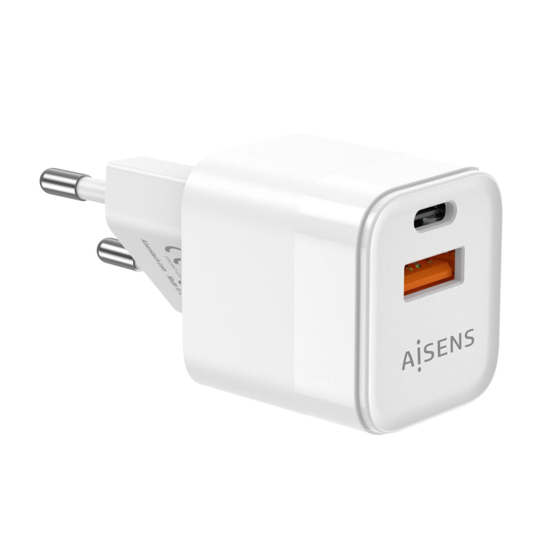 AISENS Cargador Gan 20W. 1xUSB-C PD3.0 QC4.0. 1xUSB-A QC3.0. Blanco