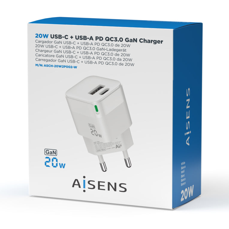 AISENS Cargador Gan 20W. 1xUSB-C PD3.0 QC4.0. 1xUSB-A QC3.0. Blanco