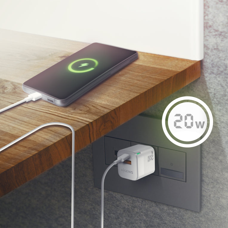 AISENS Cargador Gan 20W. 1xUSB-C PD3.0 QC4.0. 1xUSB-A QC3.0. Blanco