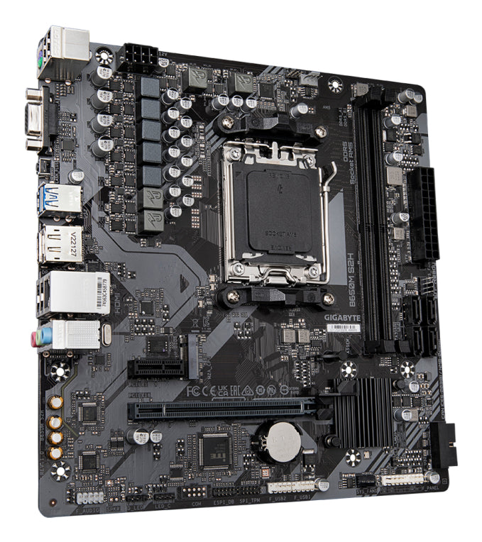 Placa base GIGABYTE B650M S2H - Serie AMD Ryzen 9000. VRM de 5+2+2 fases. DDR5 (OC) de ata 6400 MHz. 1 PCIe 4.0 M.2. LAN GbE. USB 3.2 Xen. 1.