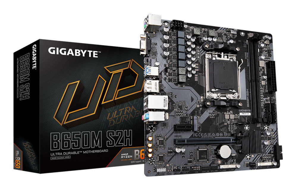 Placa base GIGABYTE B650M S2H - Serie AMD Ryzen 9000. VRM de 5+2+2 fases. DDR5 (OC) de ata 6400 MHz. 1 PCIe 4.0 M.2. LAN GbE. USB 3.2 Xen. 1.