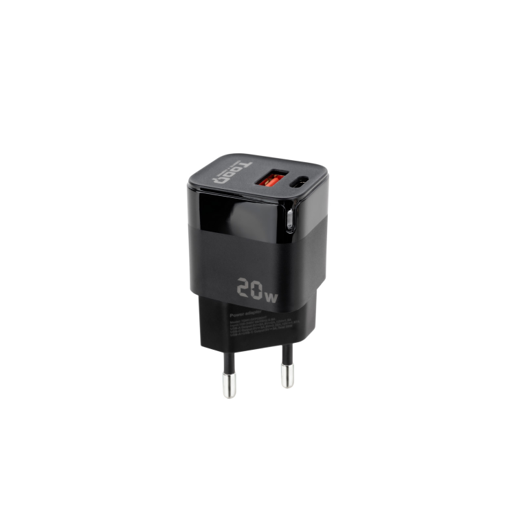 TooQ Cargador de Pared USB-C/PD + USB-A/QC 20W. Negro - detalle