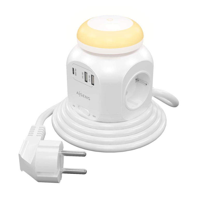 AISENS Regleta de Enchufes Sobremesa Multifuncion con 4 Tomas + 1xUSB-C 20W PD3.0. 2xUSB-A 18W QC3.0. Luz Nocturna. 1.8M. Blanco