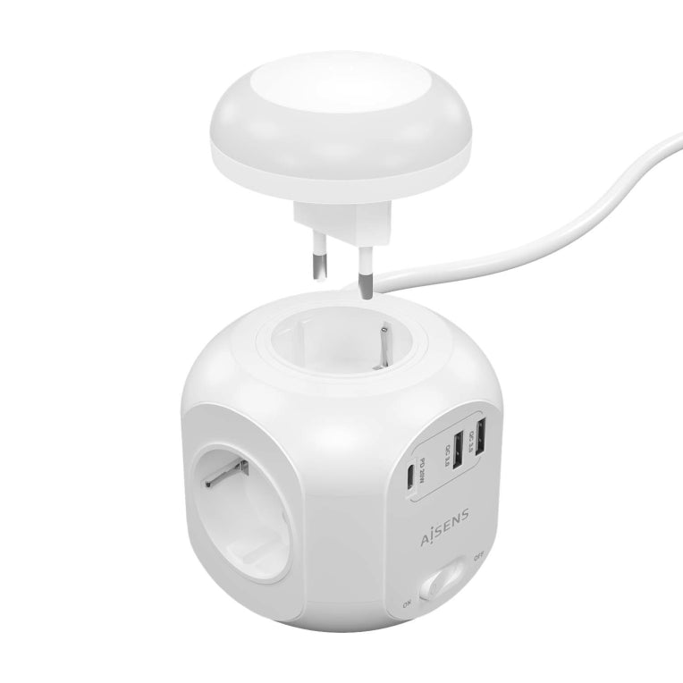 AISENS Regleta de Enchufes Sobremesa Multifuncion con 4 Tomas + 1xUSB-C 20W PD3.0. 2xUSB-A 18W QC3.0. Luz Nocturna. 1.8M. Blanco