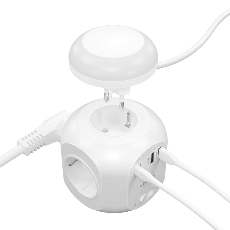 AISENS Regleta de Enchufes Sobremesa Multifuncion con 4 Tomas + 1xUSB-C 20W PD3.0. 2xUSB-A 18W QC3.0. Luz Nocturna. 1.8M. Blanco
