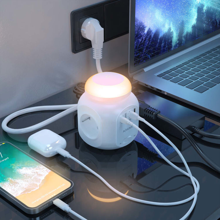 AISENS Regleta de Enchufes Sobremesa Multifuncion con 4 Tomas + 1xUSB-C 20W PD3.0. 2xUSB-A 18W QC3.0. Luz Nocturna. 1.8M. Blanco