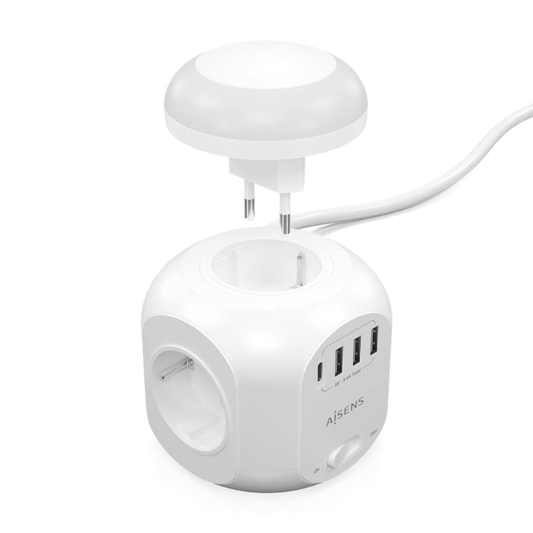 AISENS Regleta de Enchufes Sobremesa Multifuncion con 4 Tomas + 1XUSB-C. 3XUSB-A. Luz Nocturna. 1.8M. Blanco