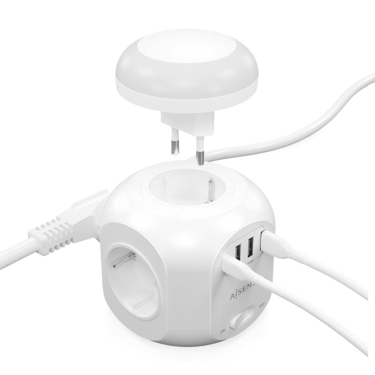 AISENS Regleta de Enchufes Sobremesa Multifuncion con 4 Tomas + 1XUSB-C. 3XUSB-A. Luz Nocturna. 1.8M. Blanco