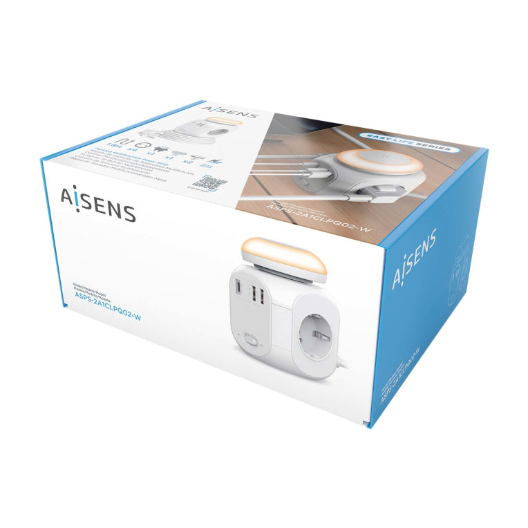 AISENS Regleta de Enchufes Sobremesa Multifuncion con 4 Tomas + 1xUSB-C 20W PD3.0. 2xUSB-A 18W QC3.0. Luz Nocturna. 1.8M. Blanco