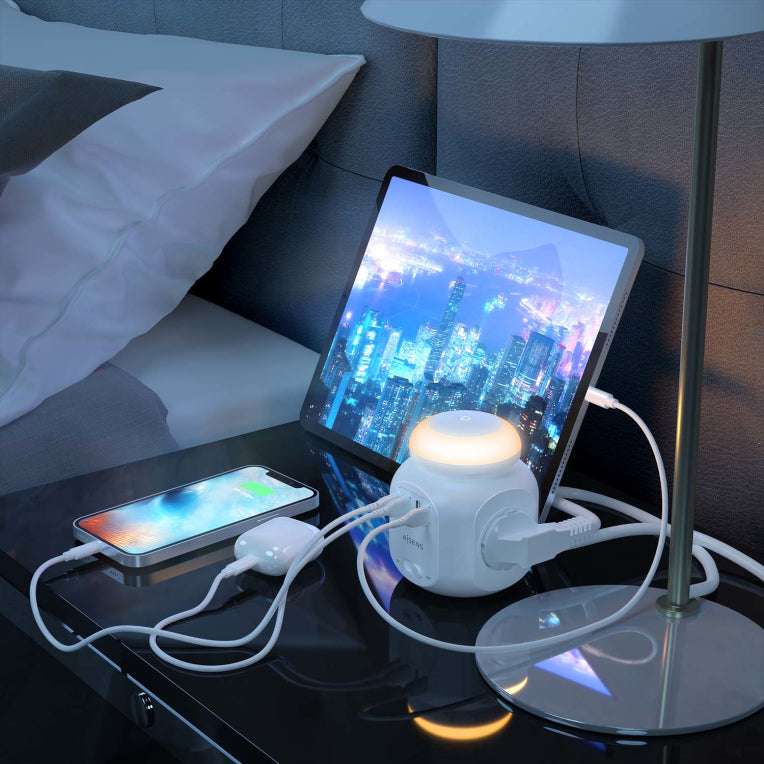 AISENS Regleta de Enchufes Sobremesa Multifuncion con 4 Tomas + 1XUSB-C. 3XUSB-A. Luz Nocturna. 1.8M. Blanco