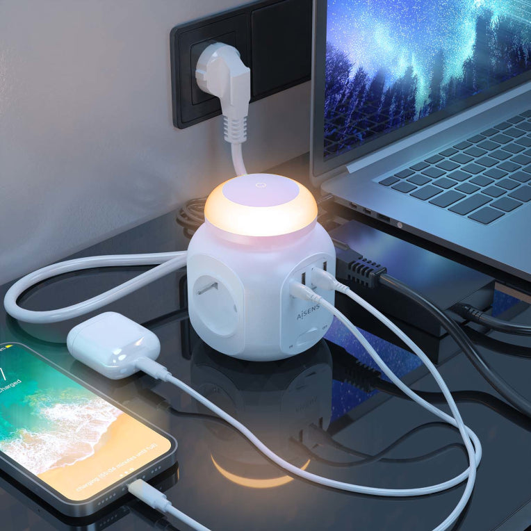 AISENS Regleta de Enchufes Sobremesa Multifuncion con 4 Tomas + 1XUSB-C. 3XUSB-A. Luz Nocturna. 1.8M. Blanco