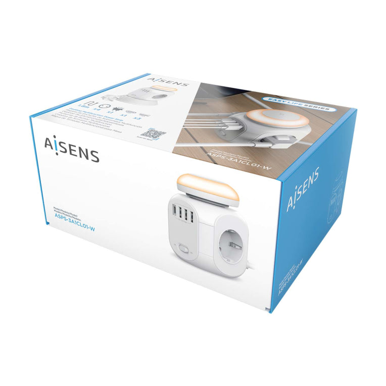 AISENS Regleta de Enchufes Sobremesa Multifuncion con 4 Tomas + 1XUSB-C. 3XUSB-A. Luz Nocturna. 1.8M. Blanco