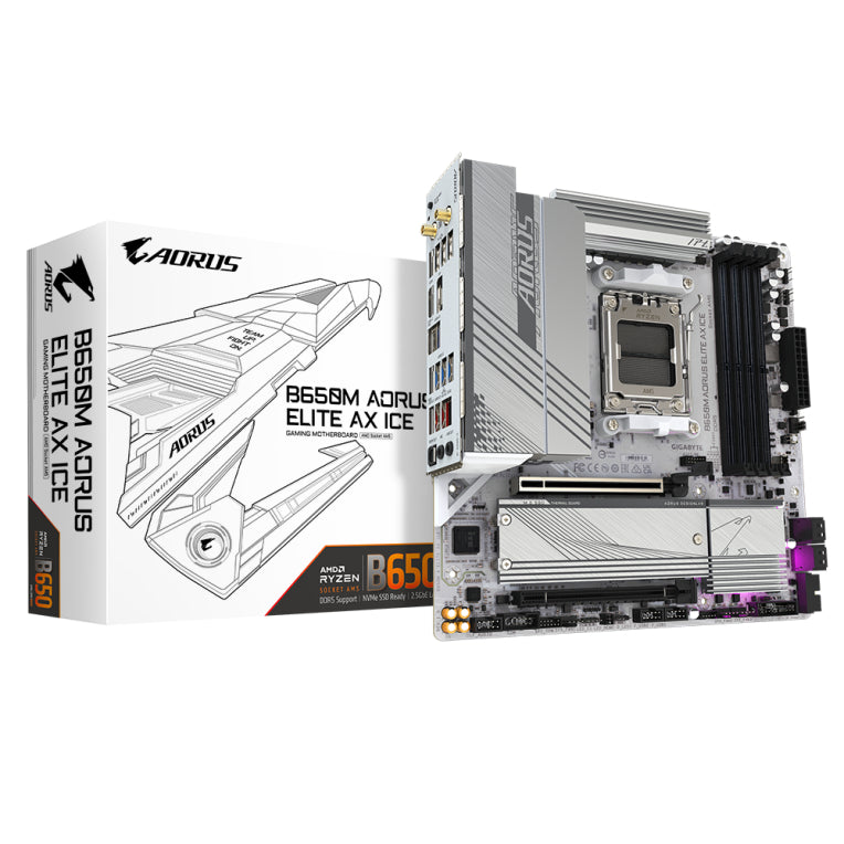 Placa base GIGABYTE B650M AORUS ELITE AX ICE - Serie AMD Ryzen 9000. VRM de 12+2+2 fases. Ata 8000 MHz DDR5 (OC). 1xPCIe 5.0 + 1xPCIe 4.0 M.2. LAN de 2,5 GbE. WIFI 6E. USB 3.2 Gen 2x2