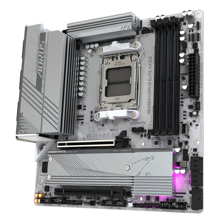 Placa base GIGABYTE B650M AORUS ELITE AX ICE - Serie AMD Ryzen 9000. VRM de 12+2+2 fases. Ata 8000 MHz DDR5 (OC). 1xPCIe 5.0 + 1xPCIe 4.0 M.2. LAN de 2,5 GbE. WIFI 6E. USB 3.2 Gen 2x2