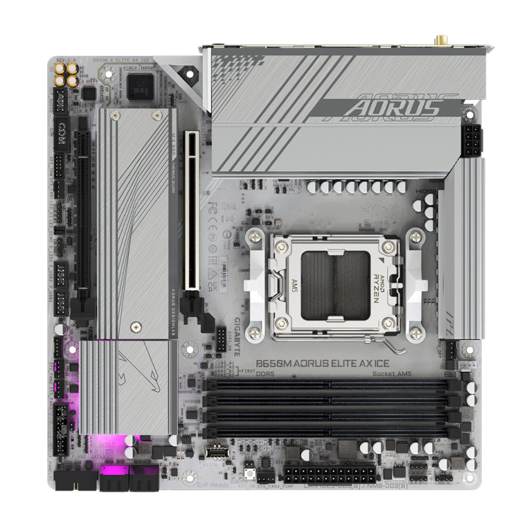 Placa base GIGABYTE B650M AORUS ELITE AX ICE - Serie AMD Ryzen 9000. VRM de 12+2+2 fases. Ata 8000 MHz DDR5 (OC). 1xPCIe 5.0 + 1xPCIe 4.0 M.2. LAN de 2,5 GbE. WIFI 6E. USB 3.2 Gen 2x2