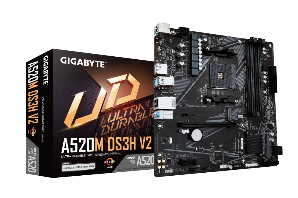 Placa base GIGABYTE A520M DS3H V2: compatible con CPU AM4 AMD Ryzen serie 5000. DDR4 (OC) de ata 4733 MHz. PCIe 3.0 x16. LAN GbE. USB 3.2 Gen 1.