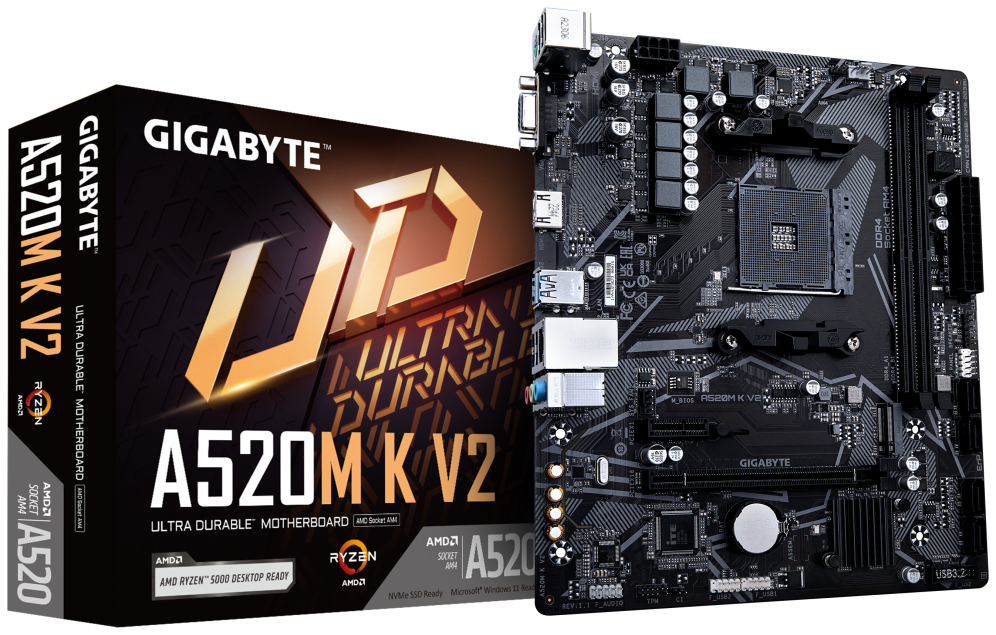 GIGABYTE Placa base A520M K V2 - Compatible con CPUs AMD Ryzen serie 5000 AM4. hasta 5100MHz DDR4 (OC). PCIe Gen3 x4 M.2. LAN GbE. USB 3.2 Gen 1 - detalle