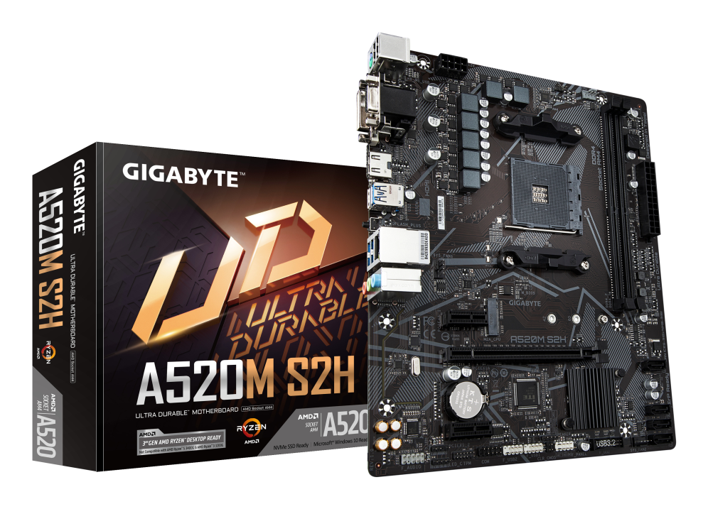 GIGABYTE Placa base A520M S2H - Soporta CPUs AMD Ryzen serie 5000 AM4. VRM digital puro de 4+3 fases. hasta 5100MHz DDR4 (OC). PCIe 3.0 x4 M.2. LAN GbE. USB 3.2 Gen 1 - detalle