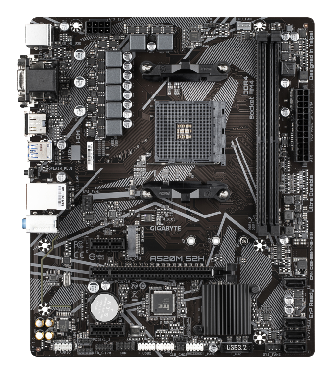 GIGABYTE Placa base A520M S2H - Soporta CPUs AMD Ryzen serie 5000 AM4. VRM digital puro de 4+3 fases. hasta 5100MHz DDR4 (OC). PCIe 3.0 x4 M.2. LAN GbE. USB 3.2 Gen 1 - detalle